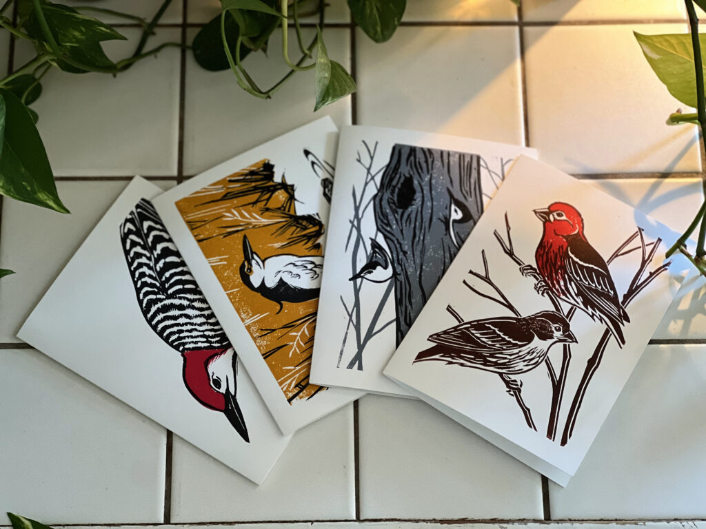 Four beautiful linoprint art cards of Ontario birds handmade by Corey Waurechen.