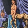 Figurative painting of mythical female centaur in studio setting by Corey Waurechen