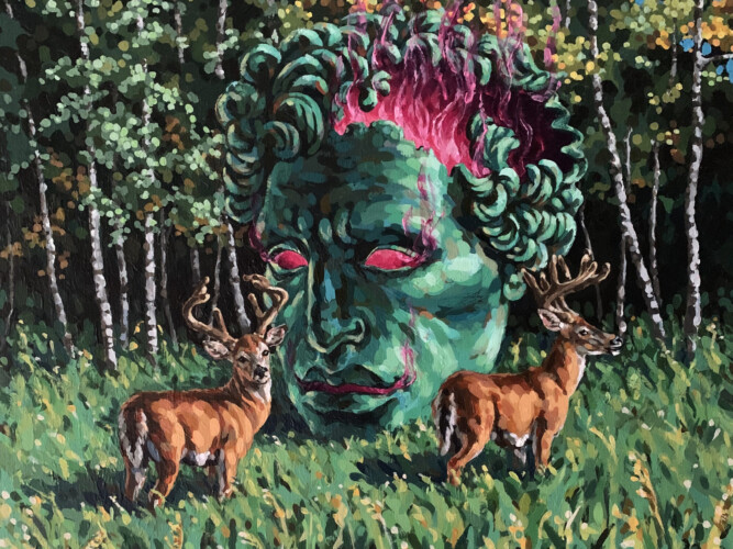 The head of a deity breathes it's last in a field surrounded by deer. Painting by Corey Waurechen.
