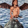 Figurative painting of mythical harpy with the sea as background holding a skull by Corey Waurechen