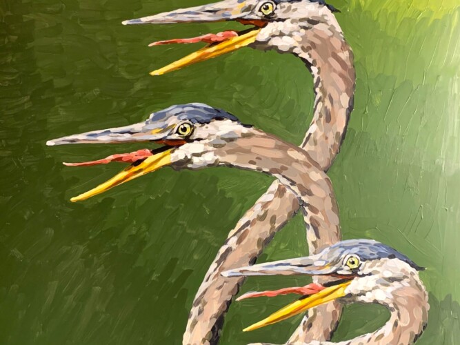 A three-headed bird monster; the hydra. Painting by Corey Waurechen.
