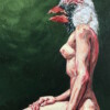 Figurative painting of a mythical forest nymph with the head of a bird in a studio setting by Corey Waurechen